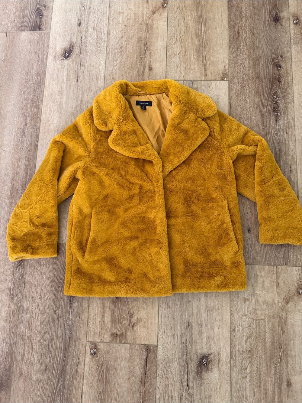 Halogen | Mustard Teddy Faux-Fur Coat | size M